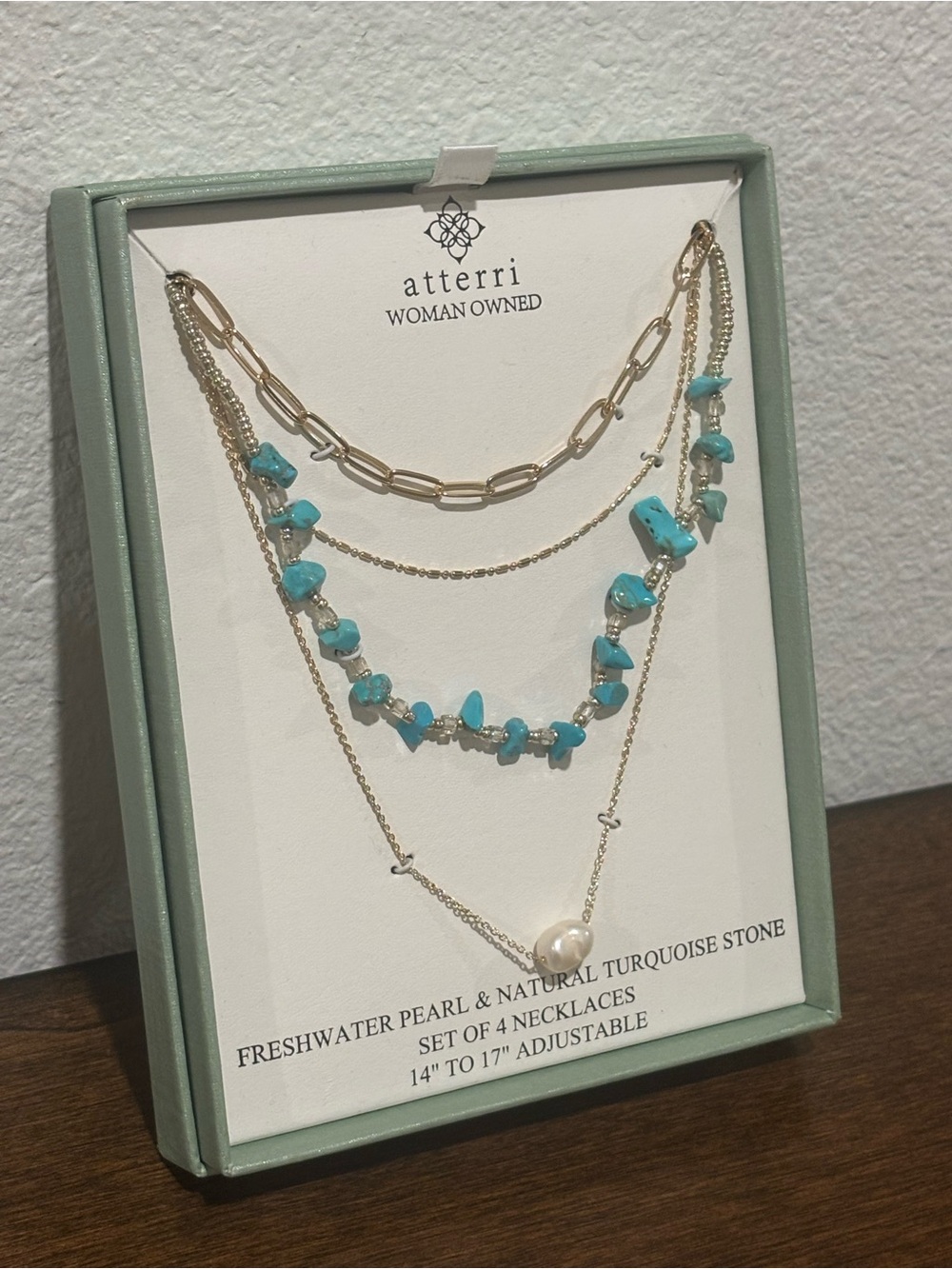 Atterri Gold Tone Layered Necklace Set with Turquoise and Freshwater Pearl - Picture 3 of 4